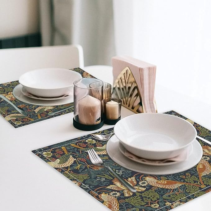 William Morris Floral Placemats Set of 6, Vintage Flower Strawberry Birds Green Place Mats, Heat Resistant Non Slip Cotton Linen Dining Table Mats for Home Kitchen Party 18x12 Inch