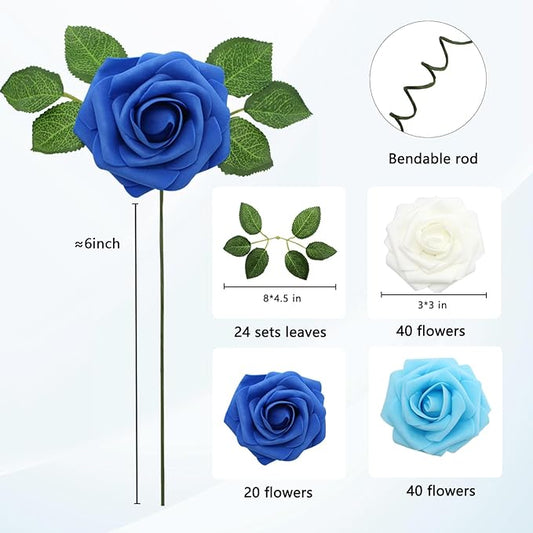 Artificial Flowers Realistic Shades of Blue Roses, Real Looking Fake Roses with Stem for DIY Wedding Bouquets Centerpieces Bridal Shower Party Home Romantic Decorations (Shades of Blue, 100pcs)