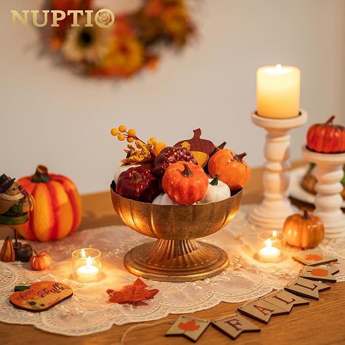 NUPTIO Distressed Gold Vases for Centerpieces: Rustic Brass Compote Vases for Flowers - Metal Pedestal Bowl Decor for Wedding Table Home Set of 10