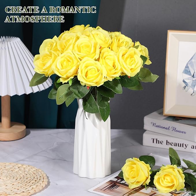 Hotop 20 Pcs Artificial Rose Flowers with Long Stem,Real Touch Silk Realistic Plastic Bouquet Roses Bulk for Home Decor Bridal Wedding Party Table Centerpieces Decorations(Yellow)