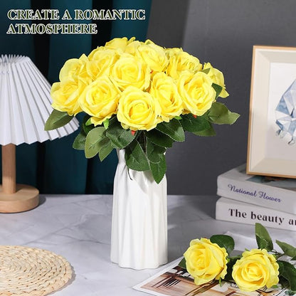 Hotop 20 Pcs Artificial Rose Flowers with Long Stem,Real Touch Silk Realistic Plastic Bouquet Roses Bulk for Home Decor Bridal Wedding Party Table Centerpieces Decorations(Yellow)