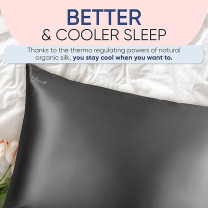 Blissy Silk Pillowcase - 100% Pure Mulberry Silk - 22 Momme 6A High-Grade Fibers - Silk Pillow Cover for Hair & Skin - Regular, Queen & King (Gray, Queen)