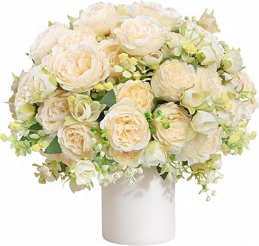 Peonies Artificial Flowers 12 Bundles Pink Flowers Bouquet, Lifelike Silk Fake Peonies with Stems for Home Table Centerpieces, Wedding, Party & DIY Bridal Floral Arrangements (Champagne)