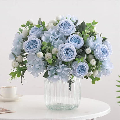 4 Bunches Artificial Flowers for Decoration Blue Peonies Fake Roses Arrangements Table Centerpiece Faux Flores for Wedding Home Vase Decor
