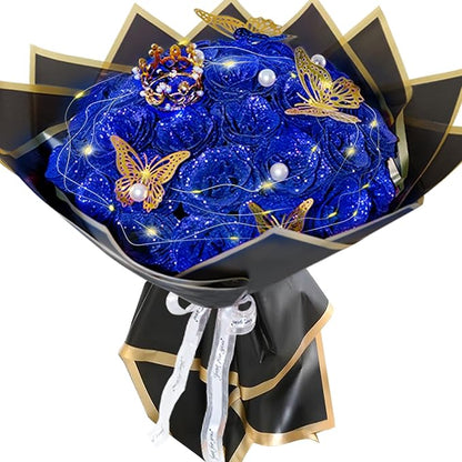 Blue Glitter Roses Bouquet, 24 Pcs Shiny Glitter Flowers Bouquet, Everlasting DIY Artificial Roses Bouquet for Christmas, Birthday, Anniversary, Wedding, Engagement
