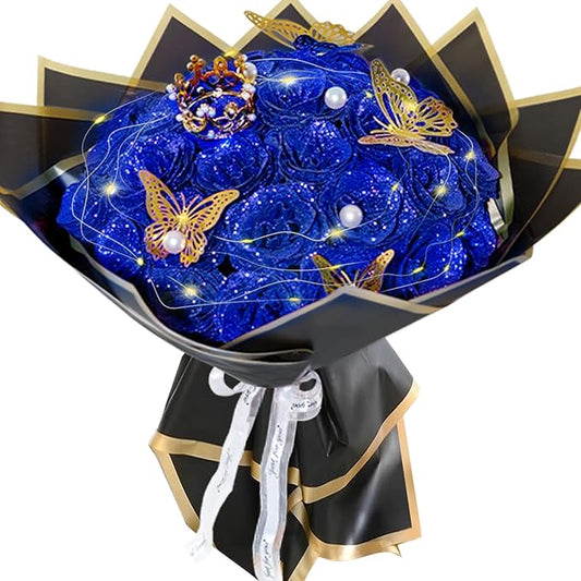 Blue Glitter Roses Bouquet, 24 Pcs Shiny Glitter Flowers Bouquet, Everlasting DIY Artificial Roses Bouquet for Christmas, Birthday, Anniversary, Wedding, Engagement