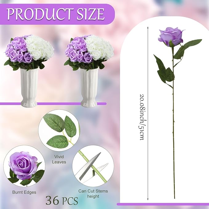 36 Pcs Silk Purple White Rose Bouquet Bridal Artificial Flowers,Fake Rose Long Stem Realistic Flowers Bulk for Wedding Bouquet Ball Arrangement Centerpiece Party Decor