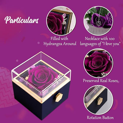 Preserved Real Purple Forever Rose Rotating Box with I Love You Necklace 100 Languages,Forever Flowers Rotating Jewelry Box Gifts for Women Mom Wife Girlfriend,Mothers Day Birthday Anniversary