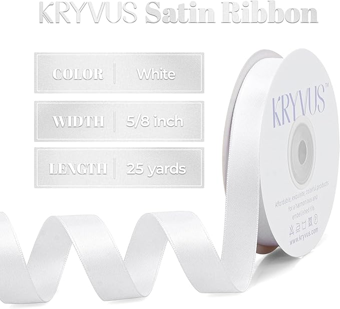 Premium Double Faced Satin Ribbon, 5/8 Inch X 25 Yards, White, Perfect for Gift Wrapping, Crafts, Wedding Decor