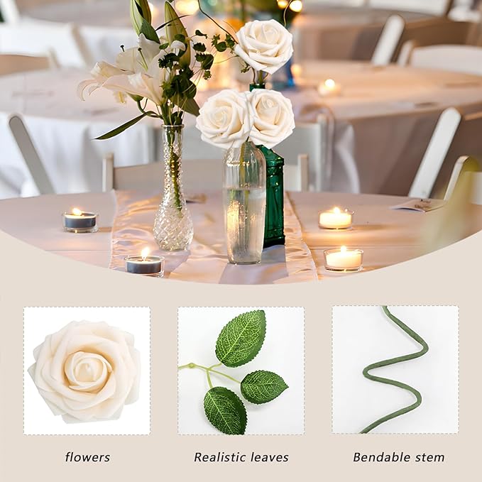 100PCS Champagne Artificial Flowers Roses Real Looking Foam Fake Roses with Leaves for DIY Wedding Bouquets Bridal Shower Centerpieces Party Decorations (Champagne, 100)