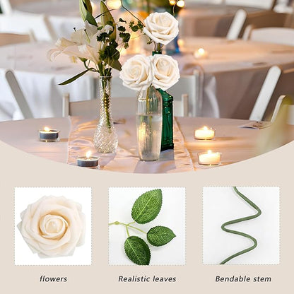 100PCS Champagne Artificial Flowers Roses Real Looking Foam Fake Roses with Leaves for DIY Wedding Bouquets Bridal Shower Centerpieces Party Decorations (Champagne, 100)