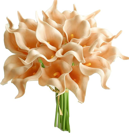 Mandy's PU Champagne Calla Lily Artificial Flowers 20 Stems 13.5in Faux Realistic Centerpiece for Thanksgiving and Christmas Decorations DIY Bridal Bouquet Home Décor