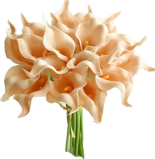 Mandy's PU Champagne Calla Lily Artificial Flowers 20 Stems 13.5in Faux Realistic Centerpiece for Thanksgiving and Christmas Decorations DIY Bridal Bouquet Home Décor