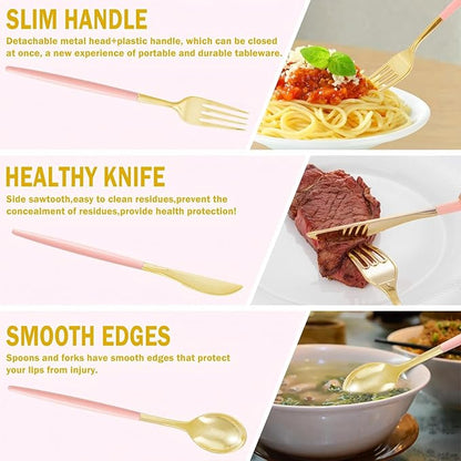 Supernal 102Pcs Pink Plastic Silverware, Gold Disposable Utensils with Pink Handle, Elegant Gold Plastic Silverware Set Includes 34 Forks, 34 Spoons and 34 Knives for Party & Wedding, Mother's Day