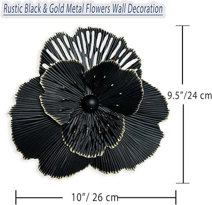 10" Metal Flower Wall Art Decor, Rustic Modern Floral Sculpture, Distressed Iron Wall Hanging Home Decoration Accent Artworks for Indoor Kitchen Bedroom Living Office Outdoor Garden Patio (36C-Black)