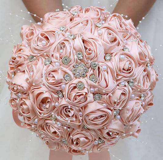 Bridal Wedding Bouquet Round Bling Brooch Bouquet Throw Toss Artificial Rose Flower Bunch for Bride Bridesmaid Wedding Quinceanera(Peach Pink, 9.8")