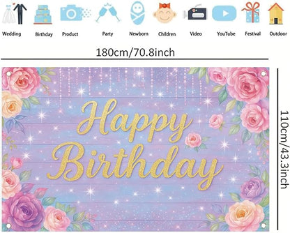 71 x 43 Inch Happy Birthday Backdrop Purple Pink Floral Glitter Rose Birthday Party Decorations Banner for Girls Women Kids Birthday Supplies Photo Booth Wall Backdrop Photography Props