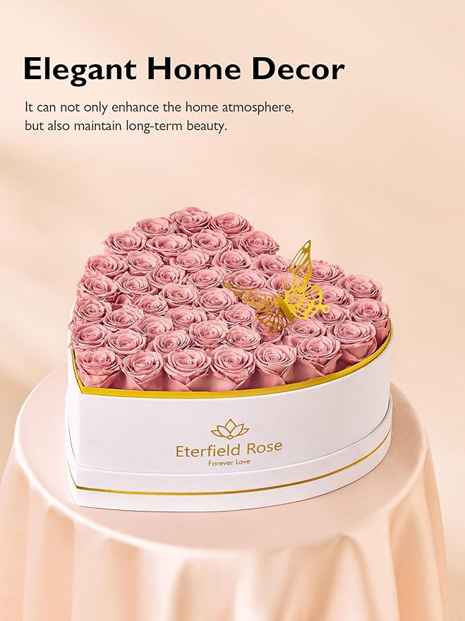 Eterfield 47 Forever Flowers in Heart Shape Box, Preserved Roses That Last a Year Preserved Flowers Birthday Gifts for Her Mom Women Wife Anniversary Valentines Day Mothers Day Christmas, Dusty Pink