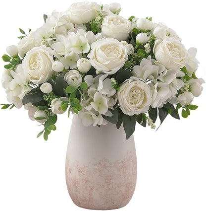 4 Bunches White Peonies Artificial Flowers for Decoration Faux Roses Fake Bouquet Arrangements Plastic Table Centerpiece Silk Flores for Vase Party Wedding Home Décor (White)