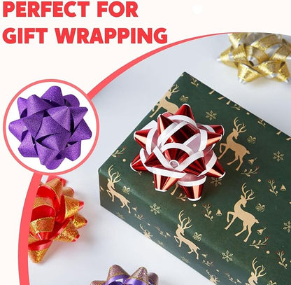 JOYIN 75PCS Christmas Bows Assortment with 2 Rolls of Curling Ribbons,5 Colors Self Adhesive Gift Bows for Gift Wrapping, Birthday Wedding Easter Xmas Presents Boxes Decoration