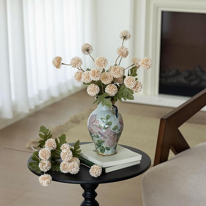 mizii 6Pcs Beige Fake Silk Pompon Mum Artificial Flowers Bulk Small Faux Chrysanthemums with Stems Realistic Floral Decorations for Wedding DIY Bouquet Centerpieces Shower Vase Home Decor (Beige)