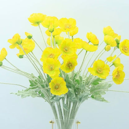 2 Pcs Artificial Fake Flowers Plants Poppies Silk Flower Arrangements Wedding Bouquets Decorations Plastic Floral Table Centerpieces for Home Kitchen Garden Party Decor Approx 23.6" High - Yellow