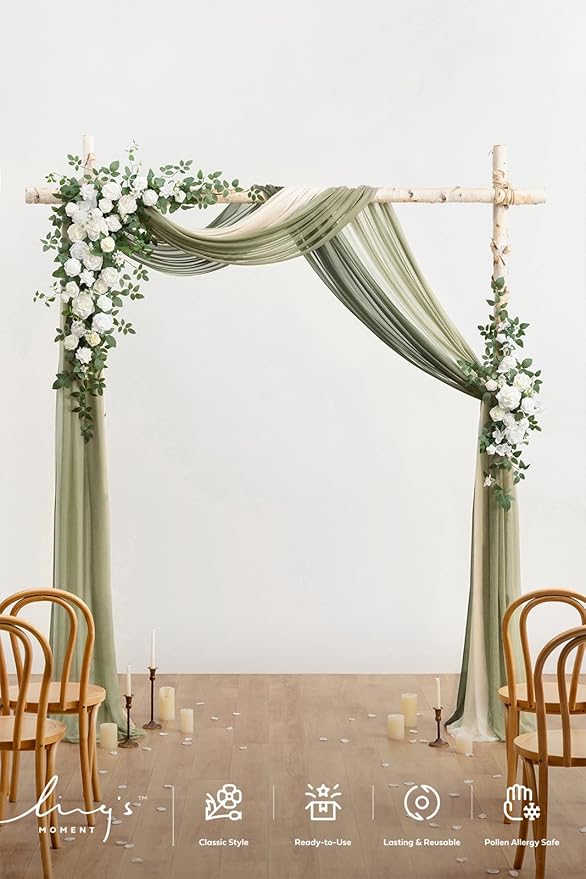 Ling's moment Wedding Arch Flowers with Drapes Kit-Pack of 5, 2pcs Flower Arrangements 3pcs Sheer Hanging Drapes Ceremony Arbor Backdrop Artificial Rose Floral Decor, White & Sage