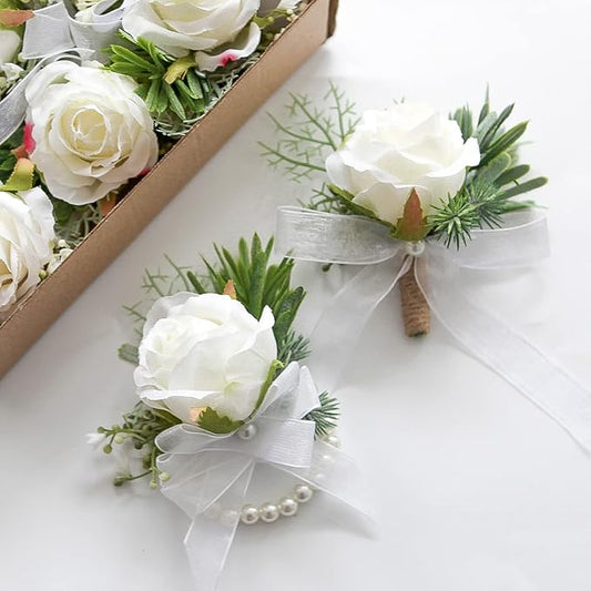 Floroom 3pairs Ivory Rose Wrist Corsage Wristlet Band Bracelet and Men Boutonniere Set for White Wedding Prom