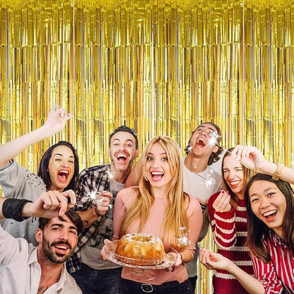 3Pcs Gold Metallic Tinsel Foil Fringe Curtains,3.2ft*8ft Gold Photo Booth Backdrop Streamer,Photo Booth Props,for Party Door Wall Curtains Bachelorette Birthday, Christmas,New Year Decorations