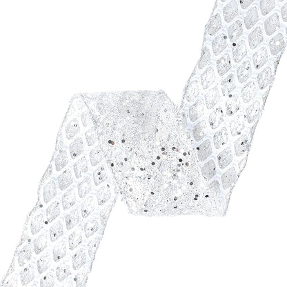 VATIN 2-1/2" Silver Christmas Ribbon, Silver Glitter Mesh Diamond Web Sequin Dots Wired Christmas Ribbon for Gift Wrapping Bow Making Wreath Supply-10 Yards