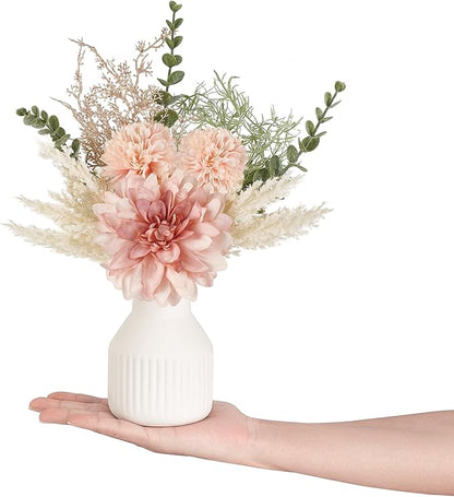 Mkono Small Artificial Flowers in Ceramic Vase 13.5" Centerpieces Coffee Table Decor, Silk Flower Arrangements for Home Decor Indoor Fake Flower Bouquet for Bathroom Dining Room Kitchen Wedding Pink