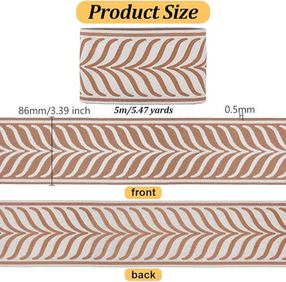 OLYCRAFT 5.5 Yards/5M Jacquard Ribbon Trim 3.4 Inch Leaf Striped Jacquard Polyester Ribbons Camel Leaf Jacquard Woven Embroidery Trim for DIY Sewing Crafts Handmade Bag Belts Clothing Decoration
