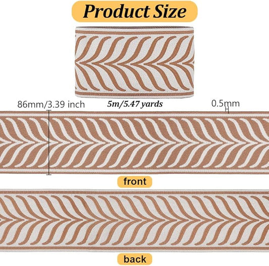 OLYCRAFT 5.5 Yards/5M Jacquard Ribbon Trim 3.4 Inch Leaf Striped Jacquard Polyester Ribbons Camel Leaf Jacquard Woven Embroidery Trim for DIY Sewing Crafts Handmade Bag Belts Clothing Decoration