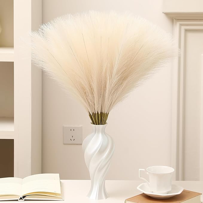 Faux Beige Pampas Grass - 60pcs 24 Inch Boho Home Decor, Artificial pompas Floral, Small Fake Pompous Grass for Table Centerpieces, Wedding and Baby Shower Decorations (Beige, 60 Pieces)