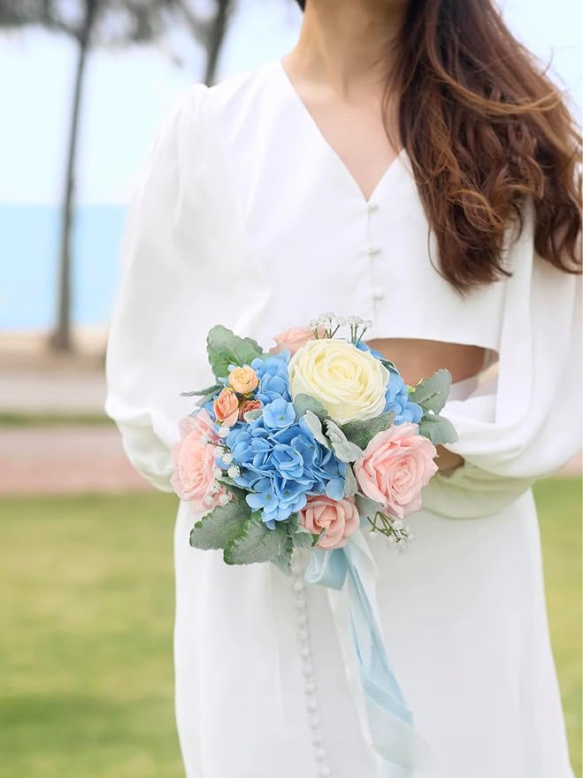 Rinlong Wedding Bouquets for Bridesmaids Bride Pastel Pink Blue Artificial Flowers Bridesmaids Bridal Bouquet for Wedding Prom Homecoming