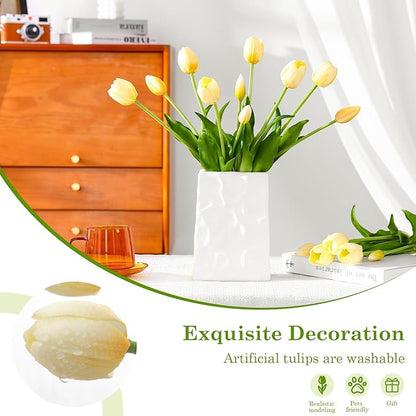 15PCS Artificial Tulips Real Touch Autumu White Faux Latex Flowers Lifelike Fake Tulip Bouquet Flowers Arrangements for Wedding Home Kitchen Garden Table Party Decoration