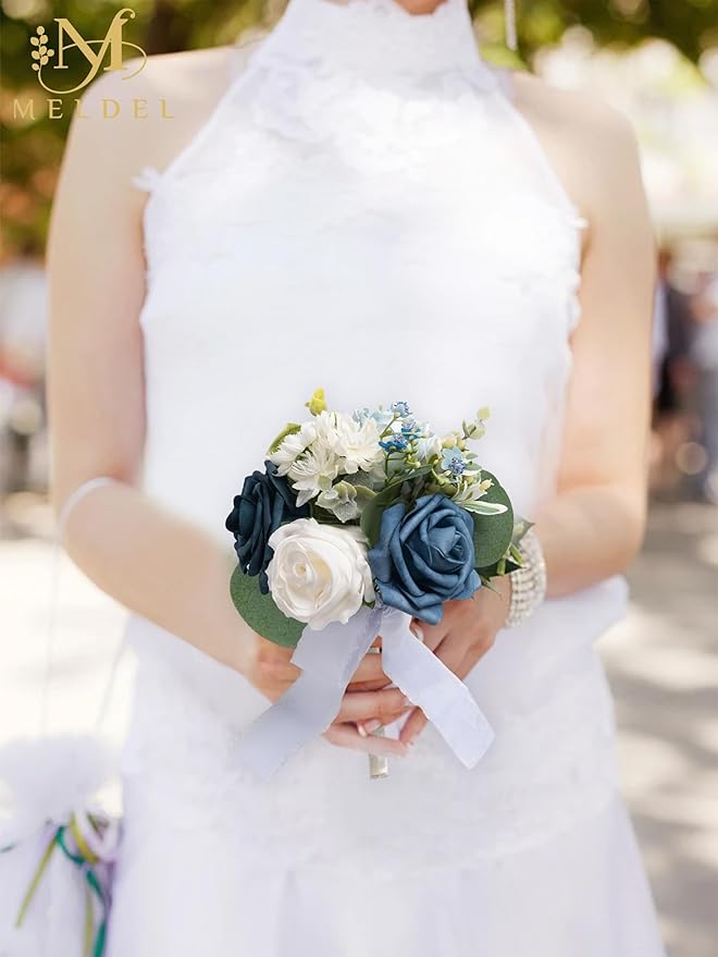 Meldel Blue Wedding Bouquet Set of 6, Mini Bridesmaid Bride Bouquets, Small Bridal Flowers, Fake Flower Artificial Floral Wedding Centerpieces Decor Party Prom
