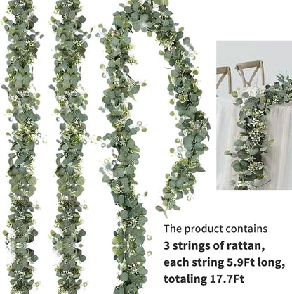 Mavee 3-Pack 5.9ft Artificial Eucalyptus Greenery Garland with Silver Dollar Leaves - Spring Table Runner Vines for Wedding Decor, Home Mantel, Wall Hanging & Party Arrangements