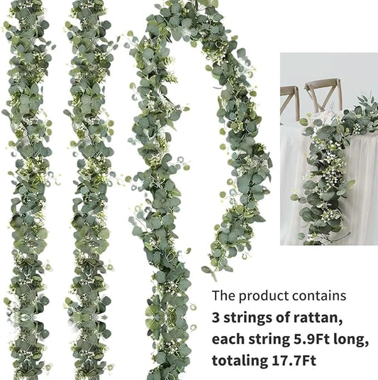 Mavee 3-Pack 5.9ft Artificial Eucalyptus Greenery Garland with Silver Dollar Leaves - Spring Table Runner Vines for Wedding Decor, Home Mantel, Wall Hanging & Party Arrangements