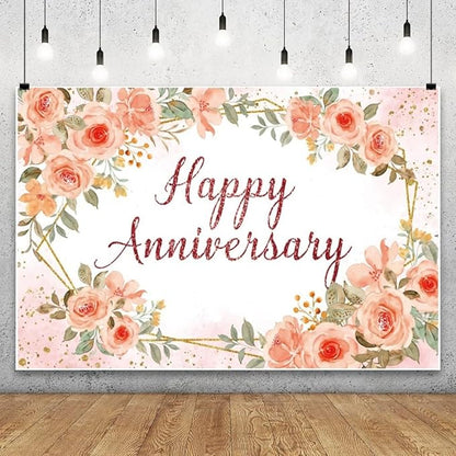 Leyiyi 9x6ft Happy Anniversary Backdrop Watercolor Pink Floral Rose Green Leaves Gold Dots Glitter Photography Background Cheers to Wedding Anniversary Bridal Shower Party Decorations Photo Props