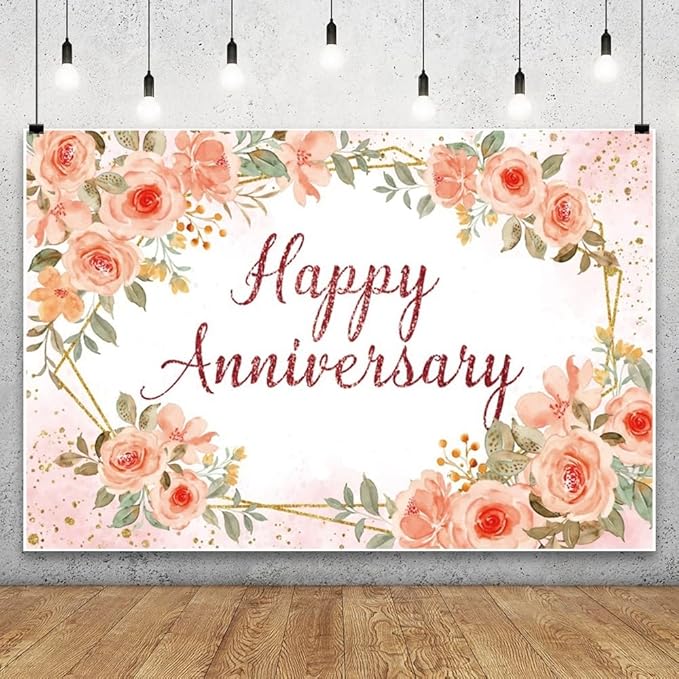 Leyiyi 10x7ft Happy Anniversary Backdrop Watercolor Pink Floral Rose Green Leaves Gold Dots Glitter Photography Background Cheers to Wedding Anniversary Bridal Shower Party Decorations Photo Props