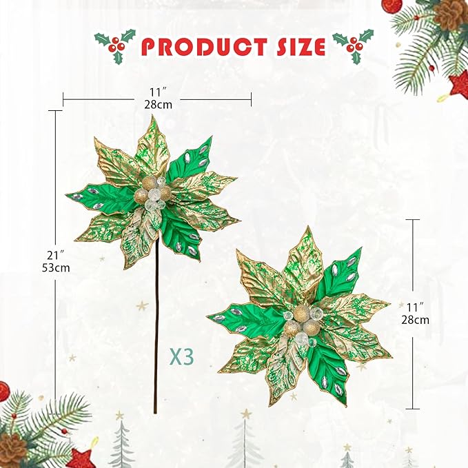 Hollyone 3PCS Poinsettia Christmas Flowers Artificial 11" Large Green and Gold Glitter Poinsettia Flowers Christmas Tree Ornament Floral Picks for Tree Wreath Garland Vase Table Centerpiece Home Decor