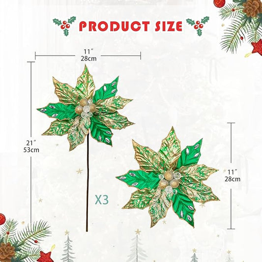 Hollyone 3PCS Poinsettia Christmas Flowers Artificial 11" Large Green and Gold Glitter Poinsettia Flowers Christmas Tree Ornament Floral Picks for Tree Wreath Garland Vase Table Centerpiece Home Decor