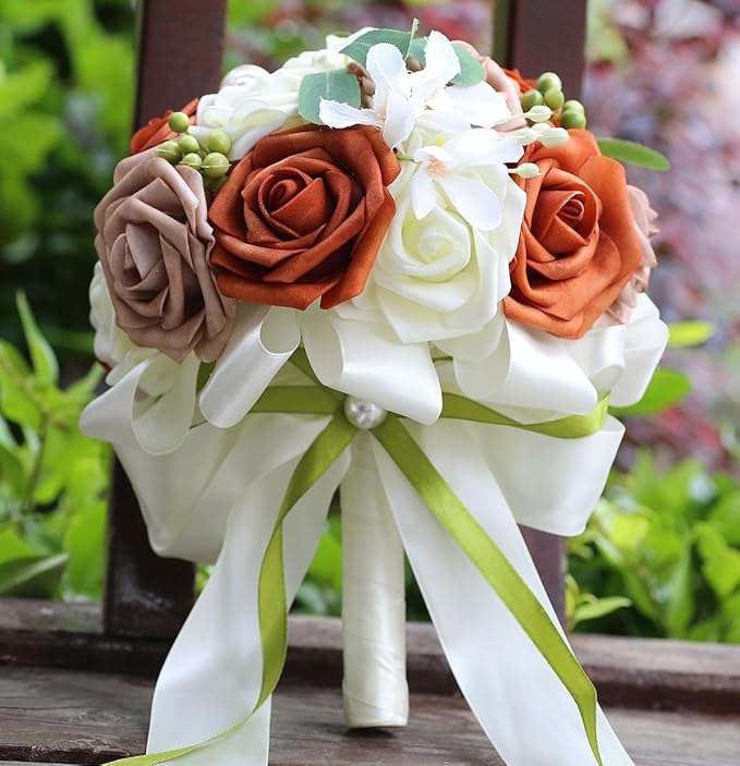 Lightweight Bridal Wedding Bouquet Round Holding Bouquet Throw Toss Artificial Rose Flower Bunch for Bride Bridesmaid Wedding Quinceanera (Cream, Coral & Rosy Brown, 7.9")