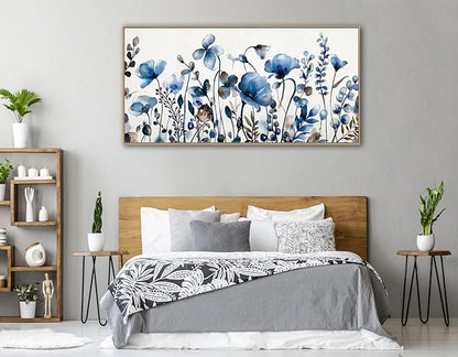 VEAEE Floral Wall Art, Abstract Indigo Flowers Canvas Pictures, Living Room Wall Decor, Modern Landscape Painting, Botanical Grass Artwork for Bedroom Bathroom Kitchen Office Wall Decor 29"x 58"