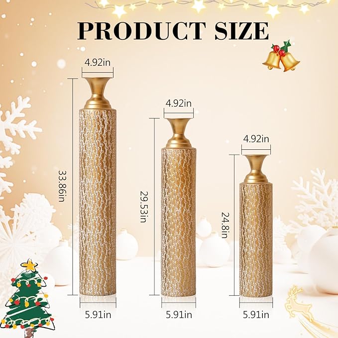 Floor Oversized Gold Metal Decorative Vase with 3D Triangle Pattern Set of 3 Large Vases for Home Living Room 33.5 ", 29.5 ", 25.2" High (Matte Gold)