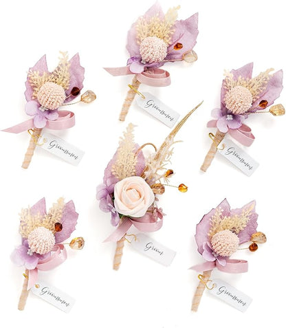 Ling's moment Boutonniere for Men, 6pcs Groom Groomsmen Boutonniere, Artificial Flowers for Wedding Decor/Prom/Homecoming, etc.Purple Lilac Boho