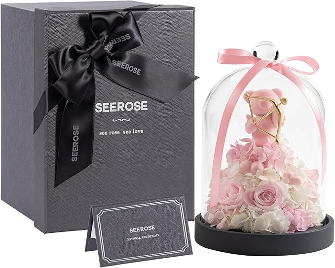 SEEROSE Preserved Rose with Cupid Bear in Glass Dome, Eternal Real Rose Romantic Gift for Her, Women, Mom, Wife, Girlfriend, Valentine’s Day, Mother’s Day, Christmas, Birthday (Cupid Bear, Pink)