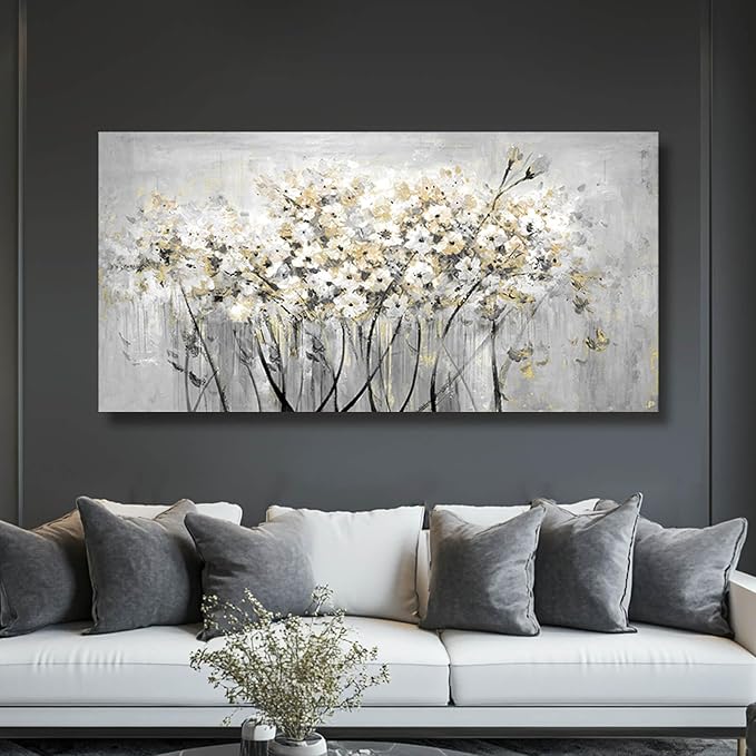 VAYIMDH Gold Pictures Wall Decor Living Room Wall Hanging White and Grey Vintage Posters Floral Photo Prints for Bedroom Dining Room 24x48 Inch