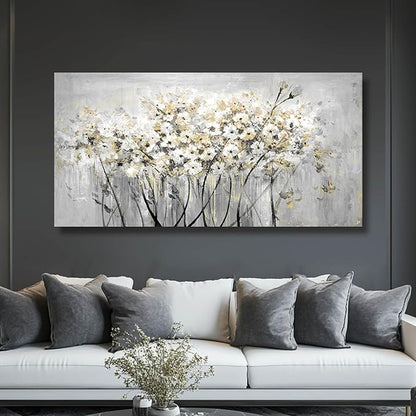 VAYIMDH Gold Pictures Wall Decor Living Room Wall Hanging White and Grey Vintage Posters Floral Photo Prints for Bedroom Dining Room 24x48 Inch